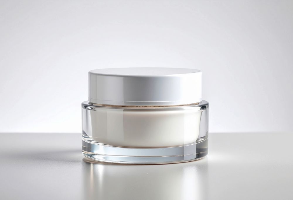 Clear cosmetic jar made from Eastman Cristal filled with face cream. 
