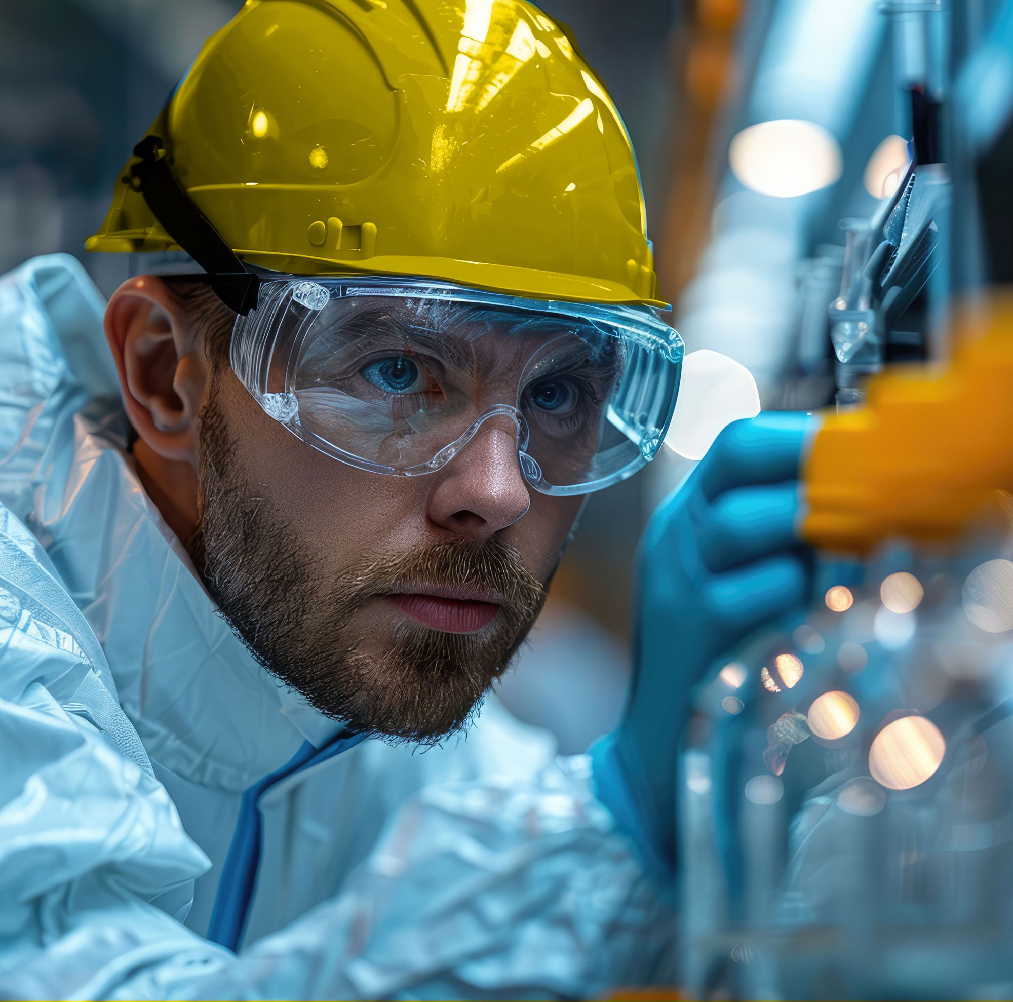 A man in safety gear examines equipment.  
