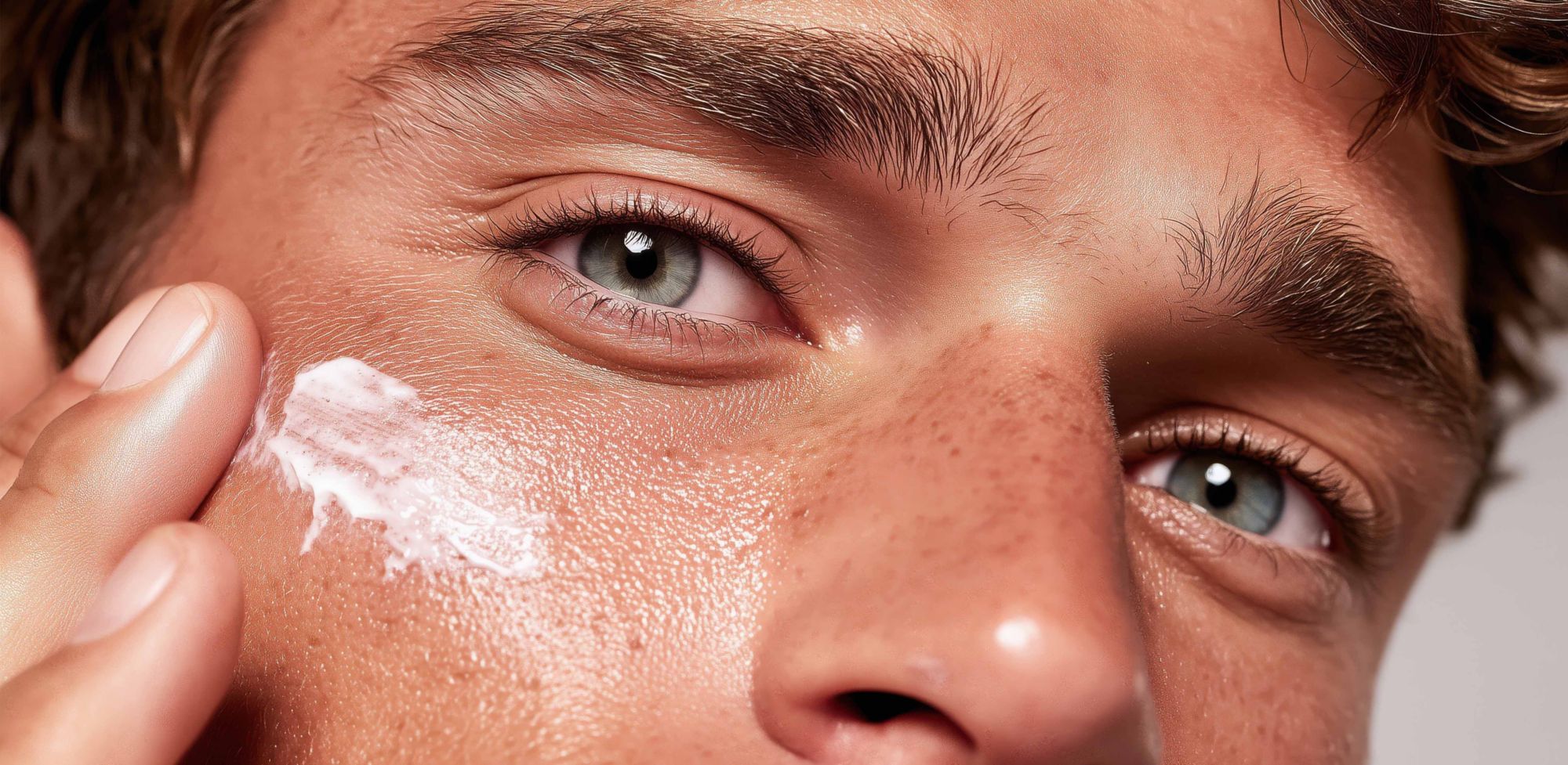 Close-up of a person applying sunscreen lotion to their cheek.   