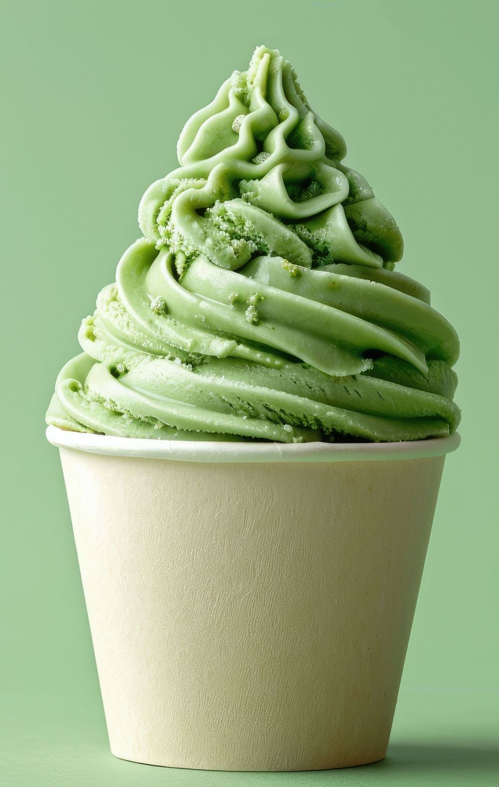 A beige paper cup filled with green ice cream. 