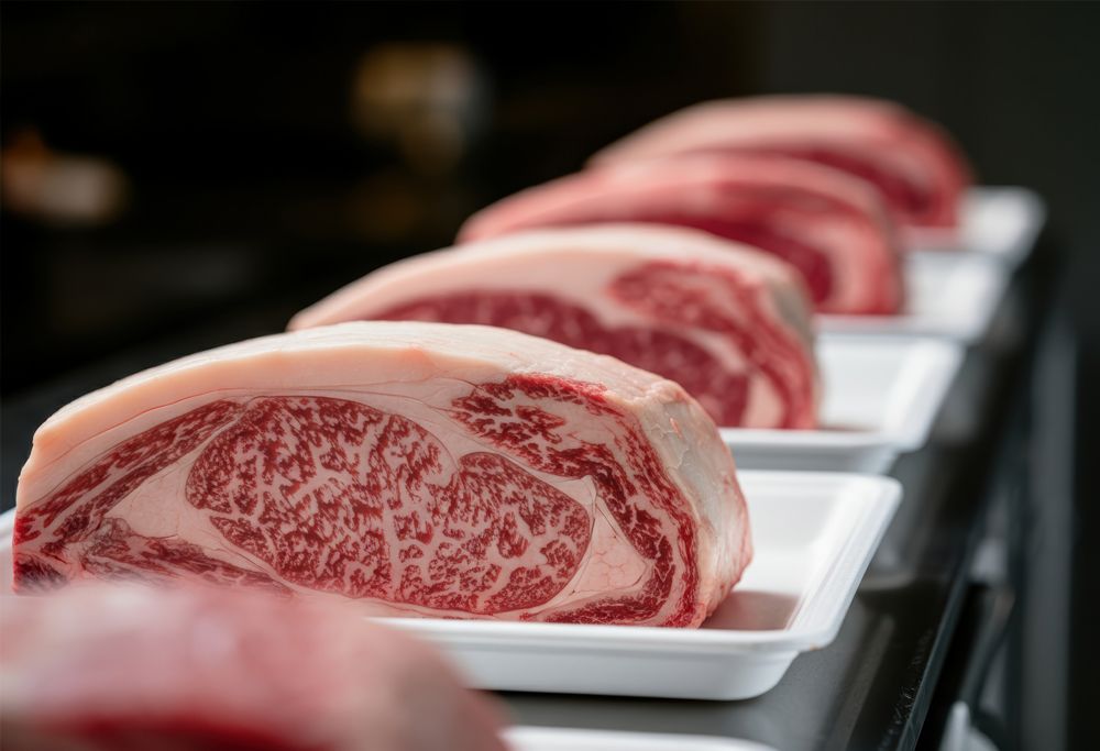 Trays containing raw meat go down a conveyor line.  