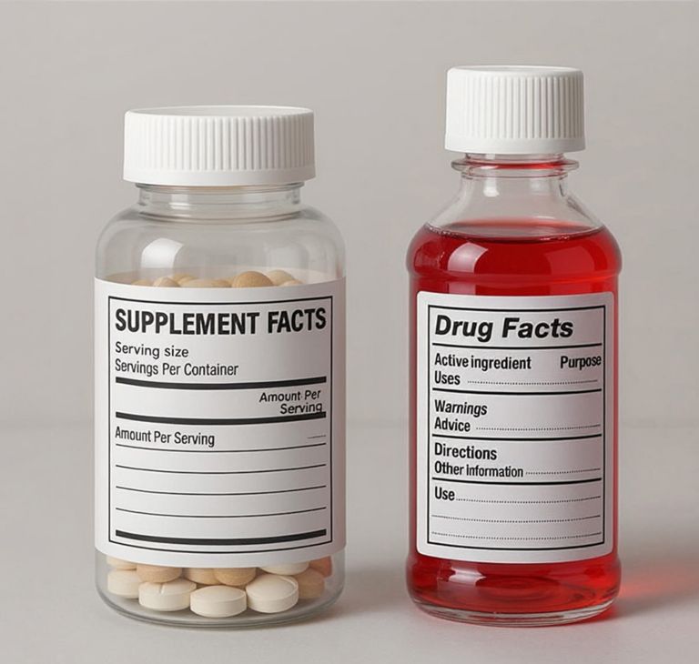 Clear bottles containing medication: one with solid pills, one with red liquid.  