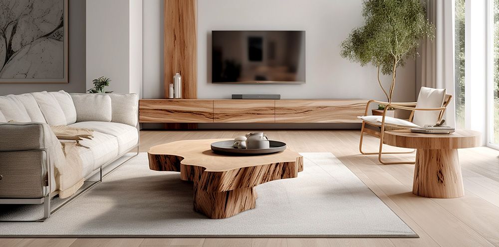  A wood coffee table rests in the middle of a room featuring white and brown furnishings 