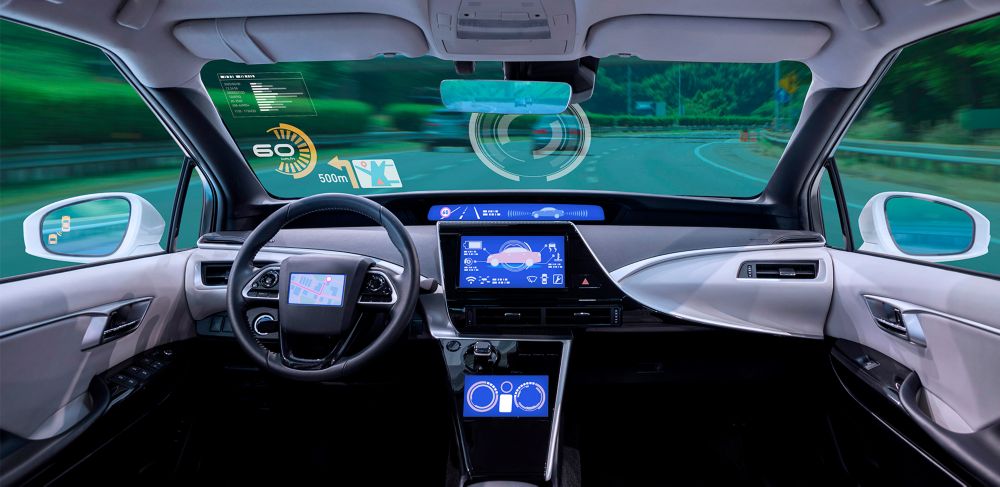 A concept image of a car interior dashboard featuring Saflex PVB interlayers for head-up display.   