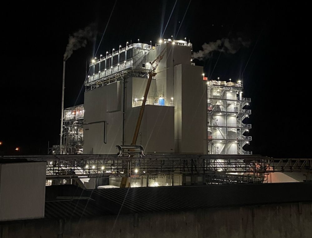 Nighttime view of the molecular recycling facility.  
