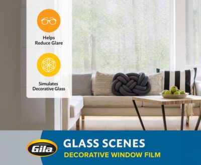 Feature graphic showing how Gila decorative film reduces glare and simulates textured glass.