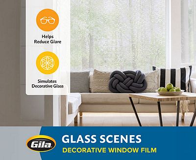 Feature graphic showing how Gila decorative film reduces glare and simulates textured glass.