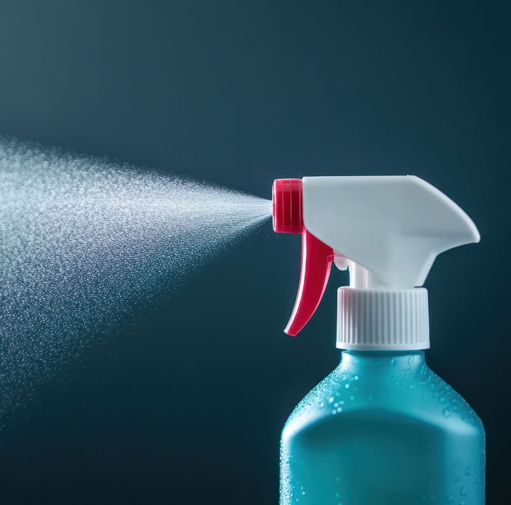 A spray bottle spraying liquid.   