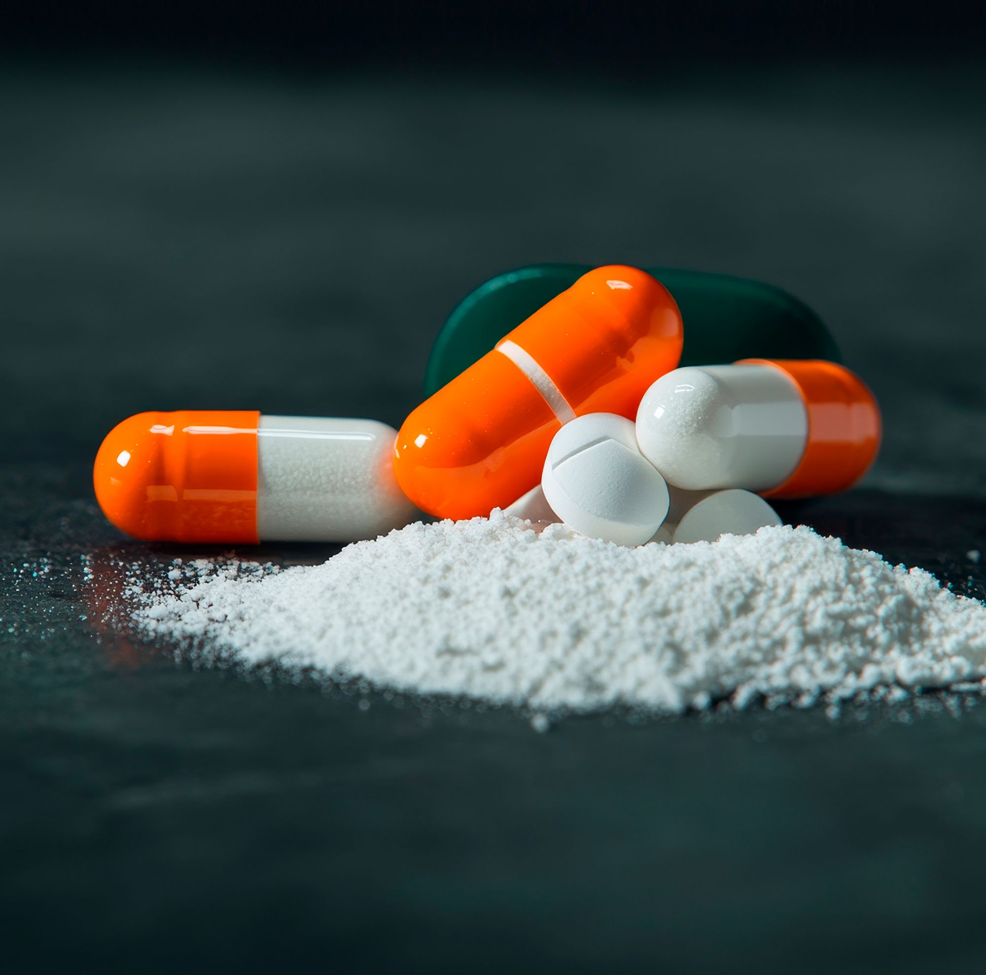 Orange and white capsule pills on white powder. 