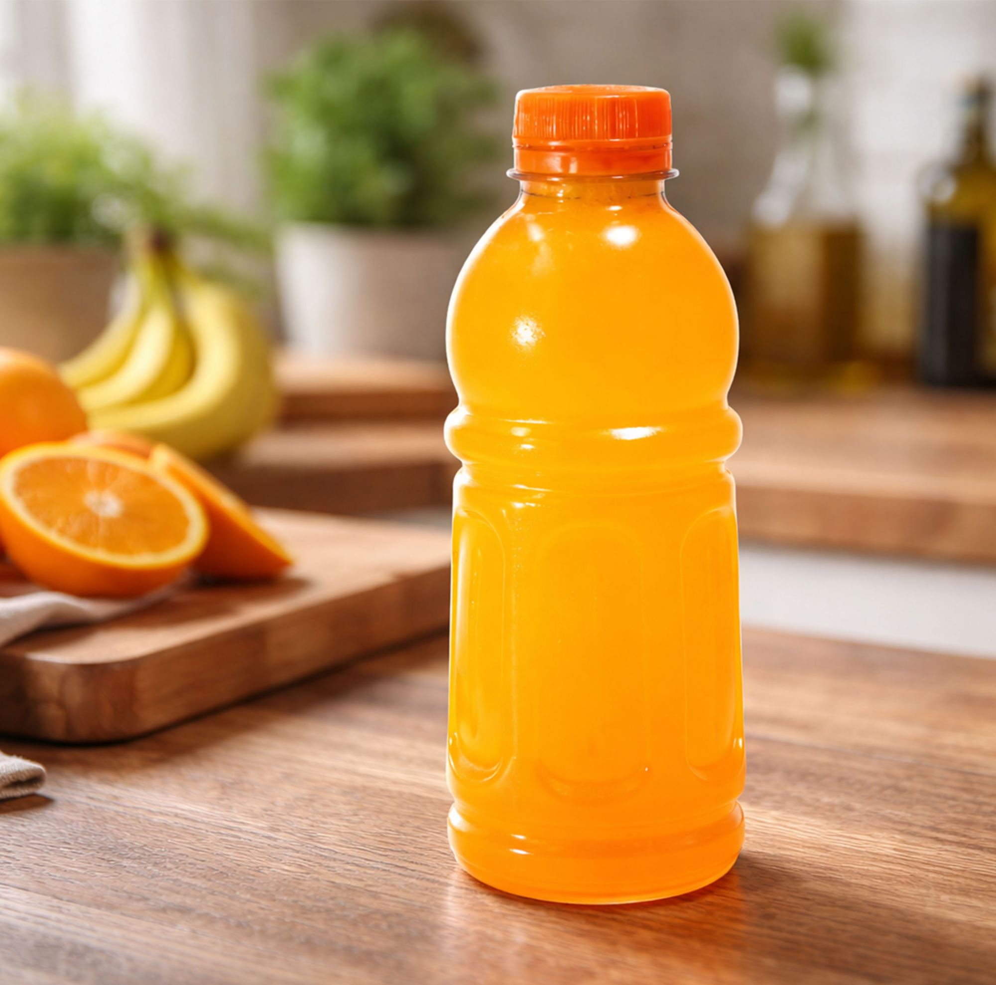 A clear plastic bottle filled with orange juice on a kitchen counter.  