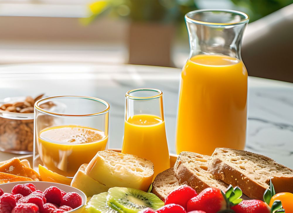 Orange juice in two drinking glasses and a pitcher surrounded by breakfast foods. 