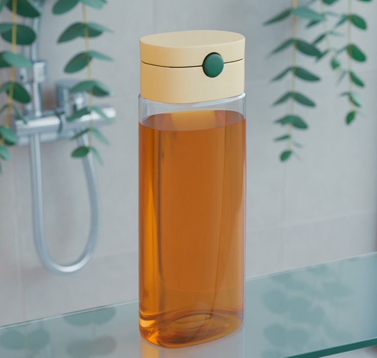 Clear shampoo bottle made from recycled PET, filled with orange shampoo.  