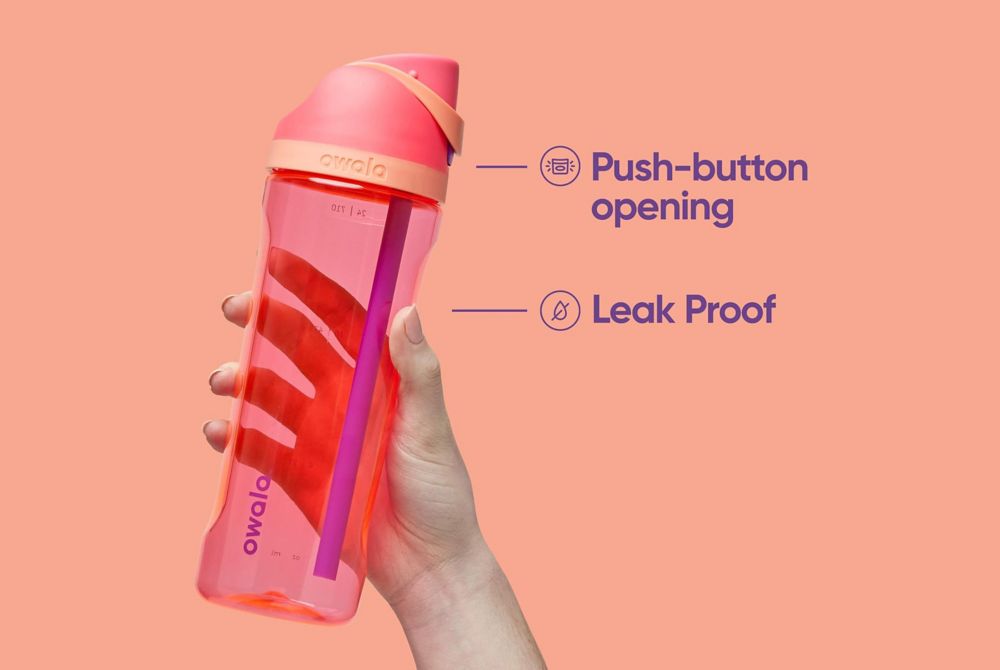 A pink Owala reusable plastic water bottle. 