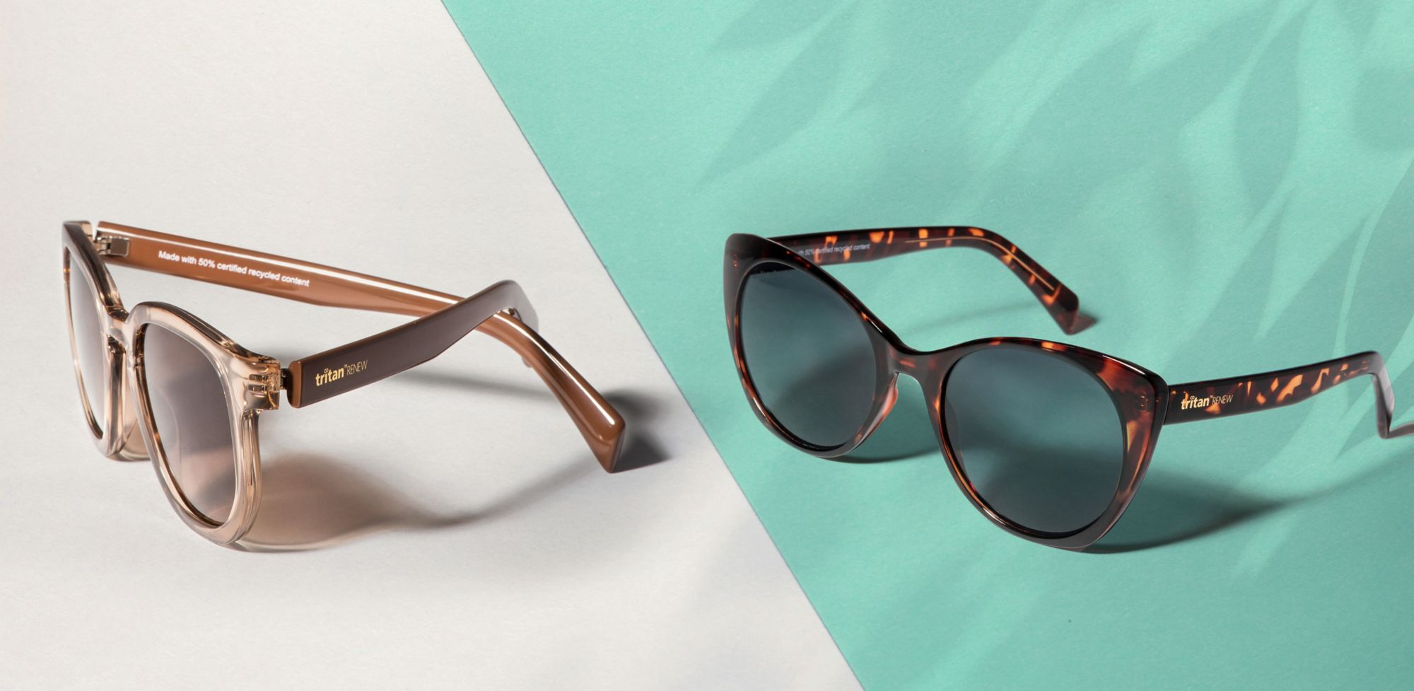 Two pairs of brown sunglasses made from Tritan copolyester.  