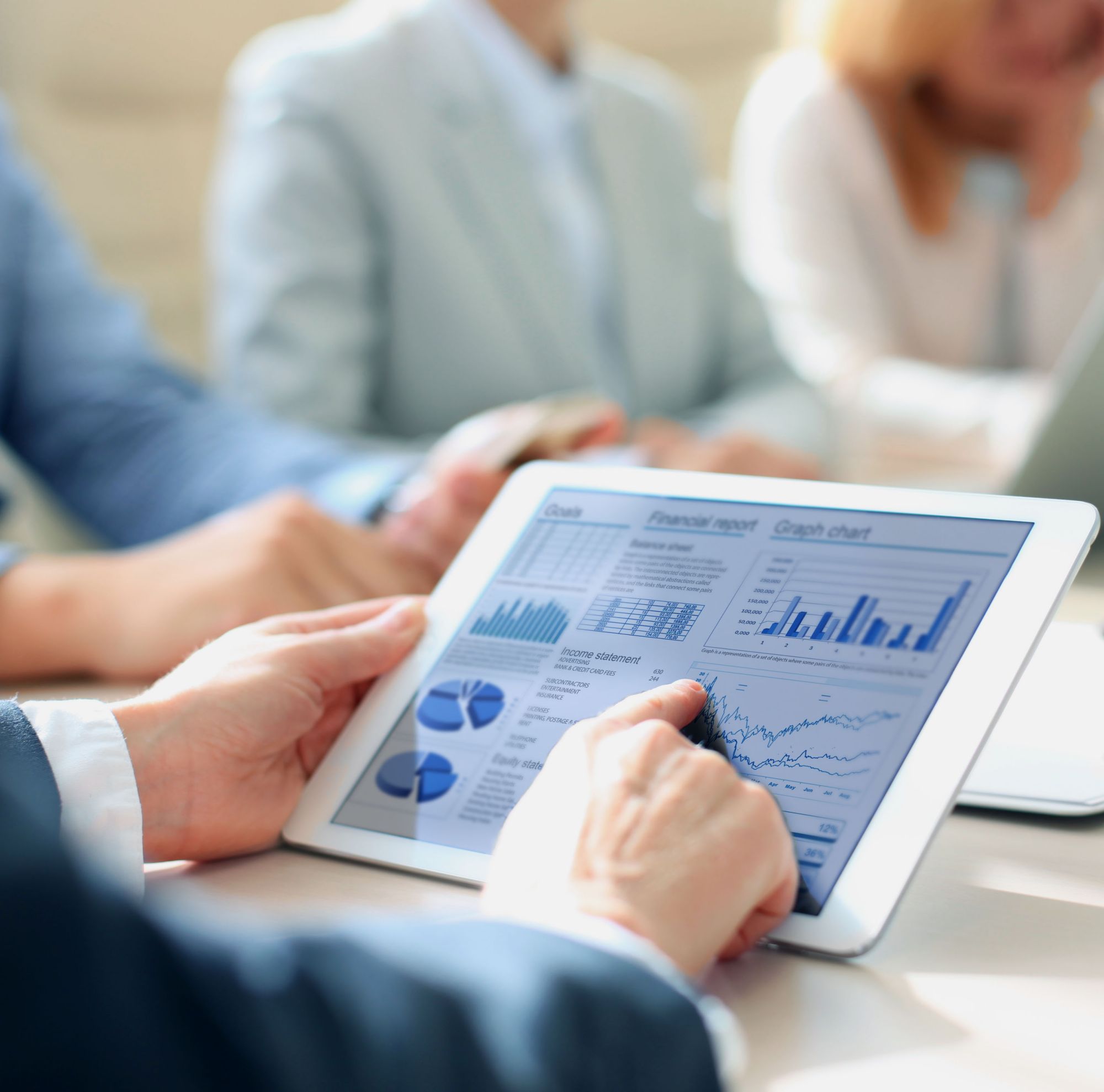 Person going over finance data on a tablet. 