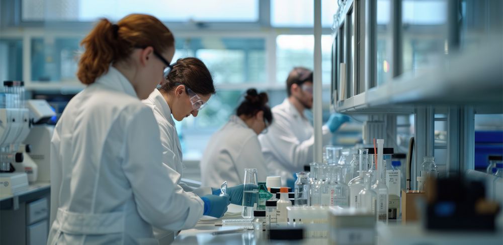 A person in a lab coat working at a laboratory bench with glassware and equipment. 
