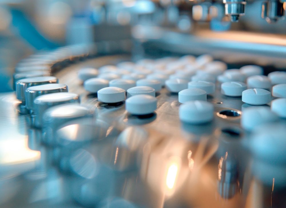 Round, light blue pills on a manufacturing line. 