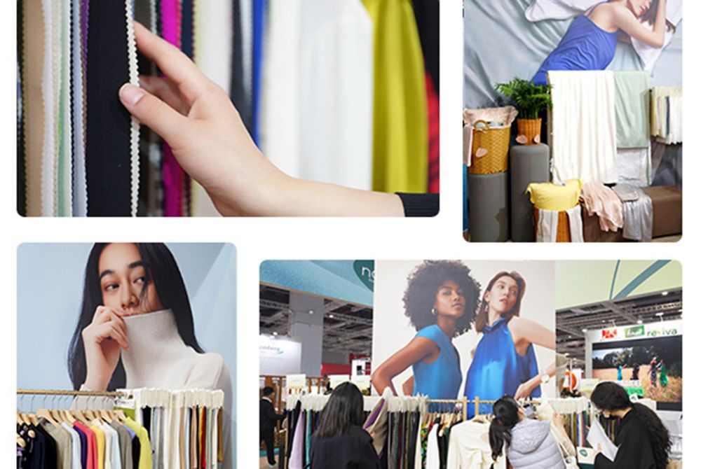 A photo collage including fabric close ups, a knitwear clothing rack, and visitors looking at fabric displays. 