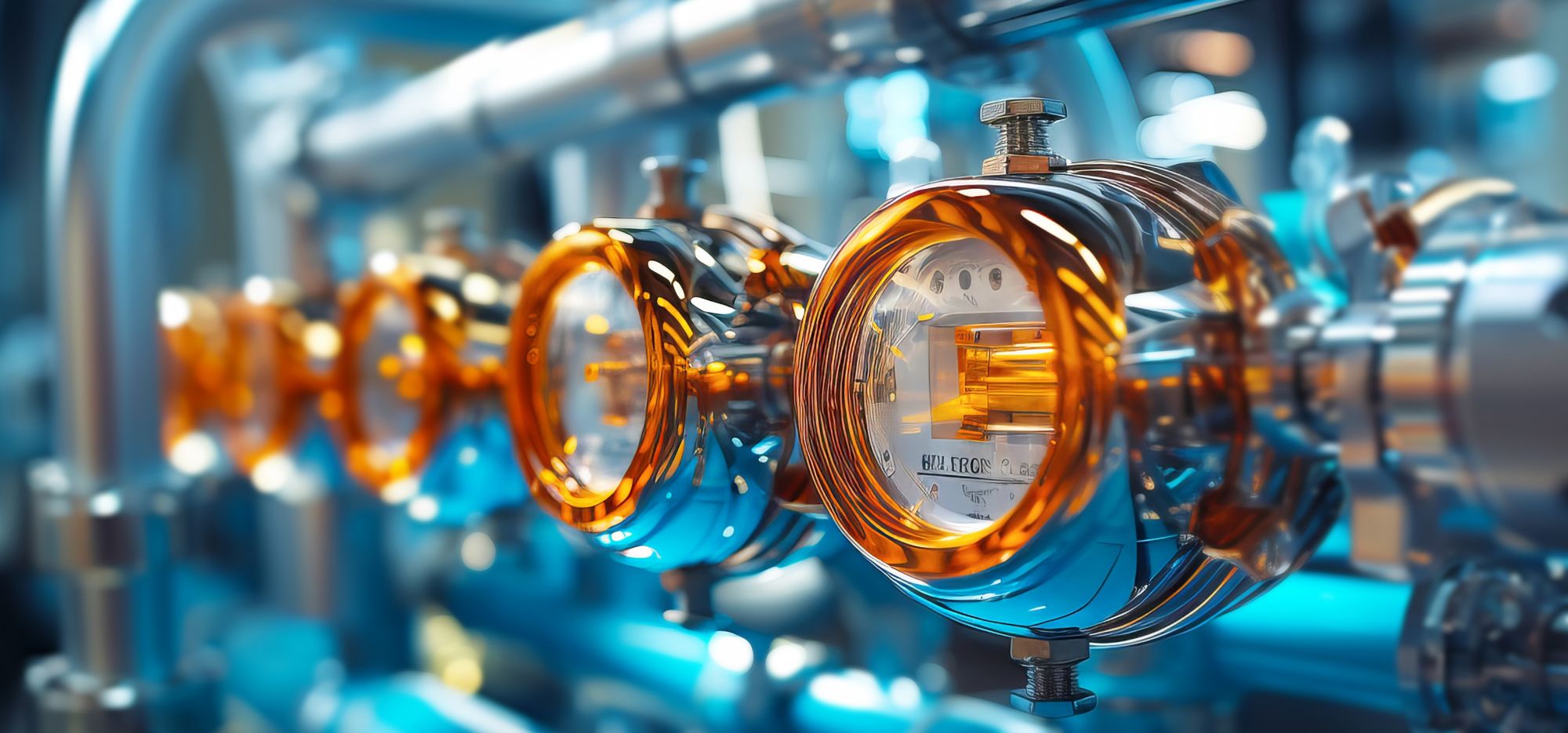 Five flow pipe meters in an industrial plant. 