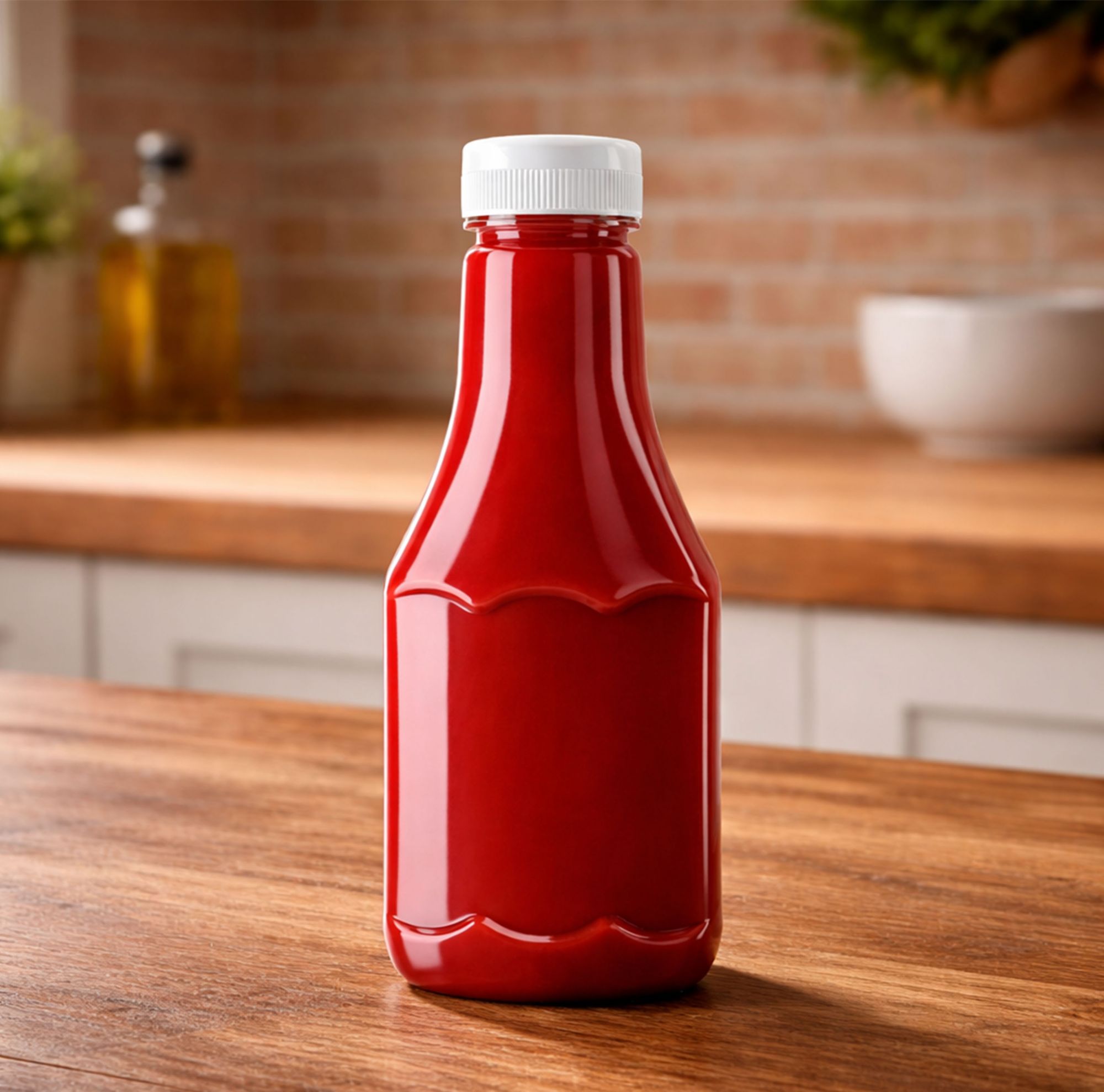 A clear sauce bottle filled with ketchup that is made from Eastman PET Renew. 