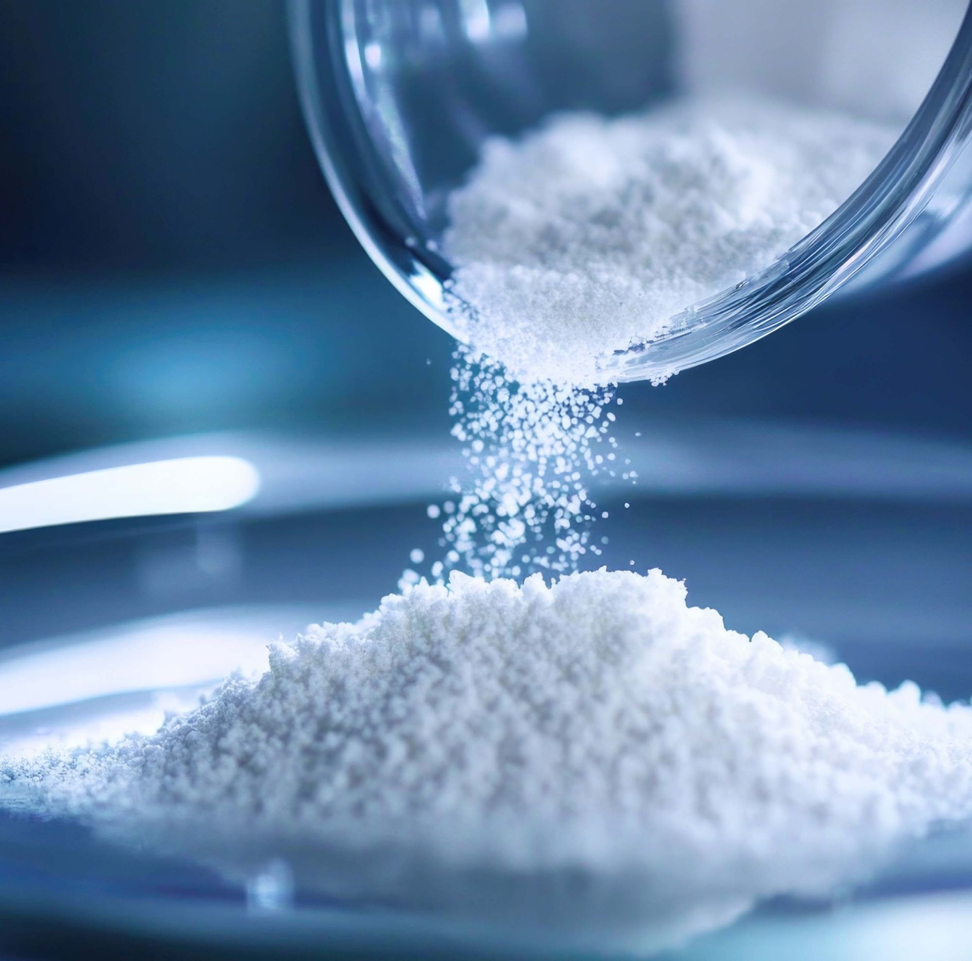 A flaky, white material is poured from a beaker into a glass dish. 