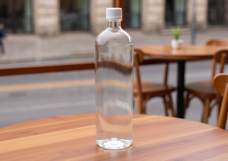 A tall, clear enhanced water bottle. 