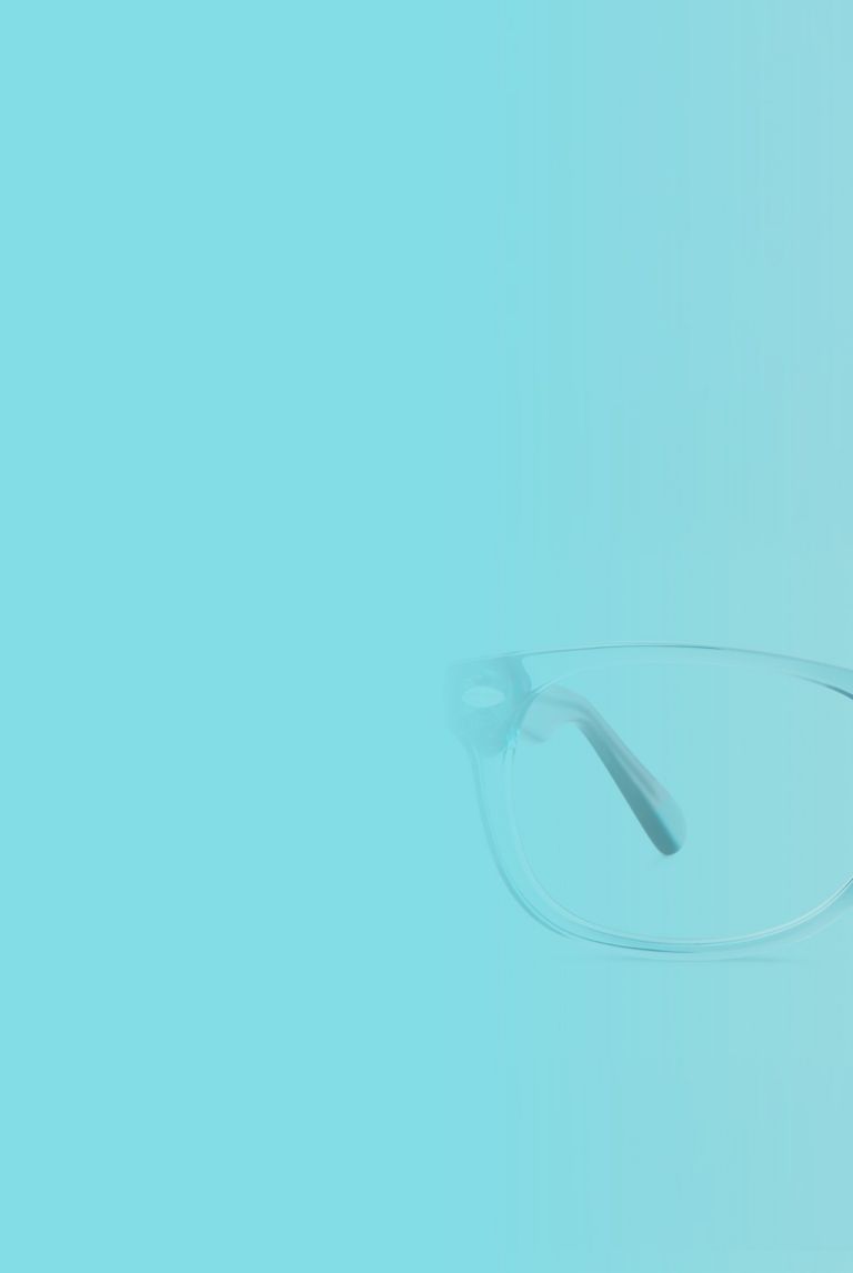Front view of light blue framed eyeglasses. 