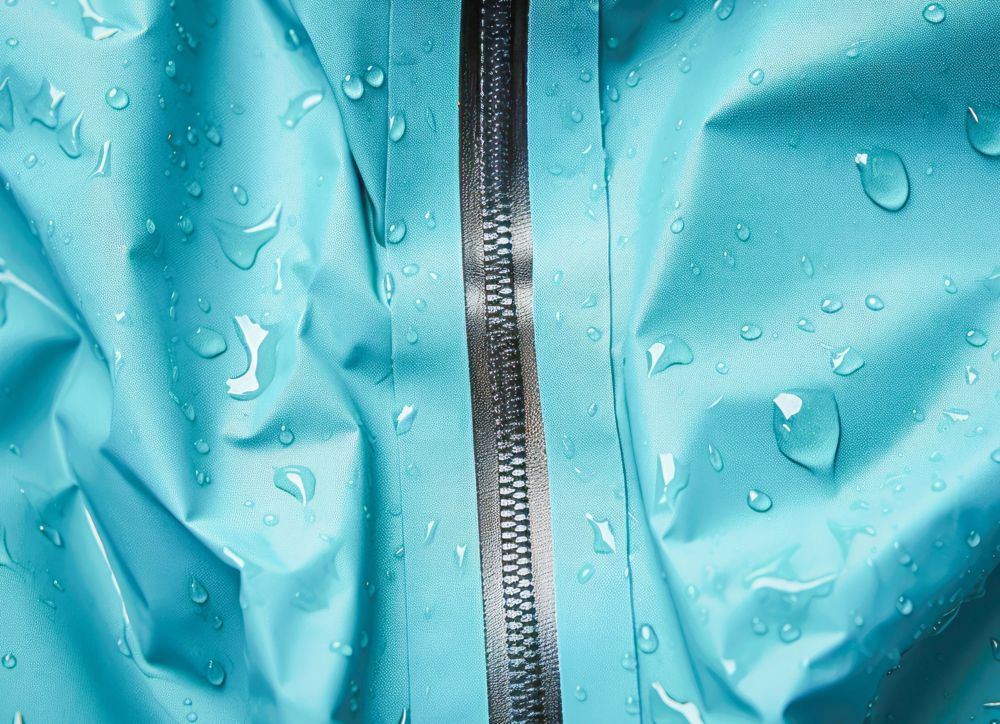 Water beads on a rain jacket. 