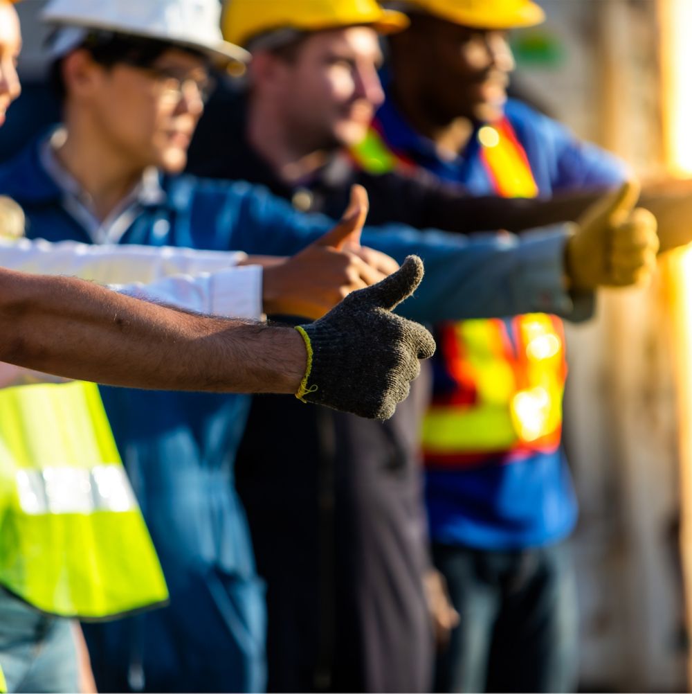 A group of employees in construction personal protective equipment is posing for a photo, all giving a thumbs-up.  