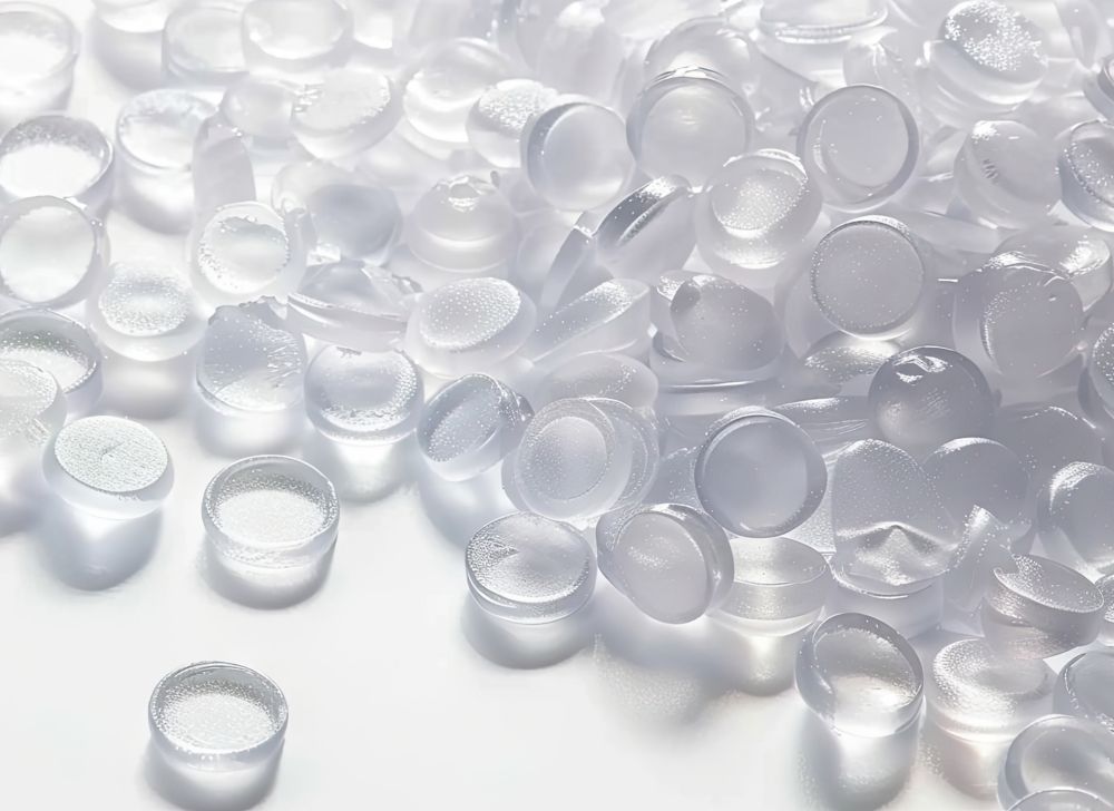 A pile of clear resin pellets on a table.   