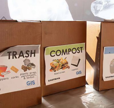 Boxes are lined up for sorting, recycling plastic and composting leftover food. 