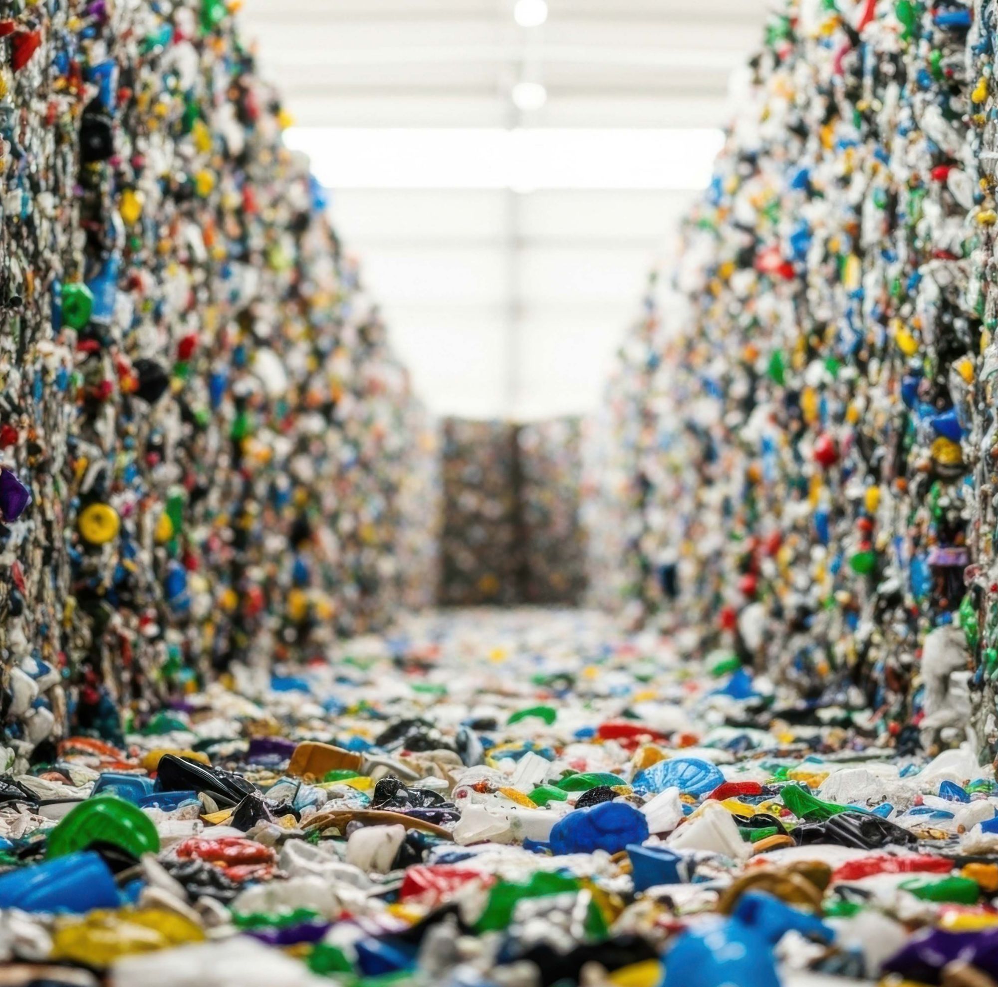 Waste plastic is piled up in a recycling facility. 