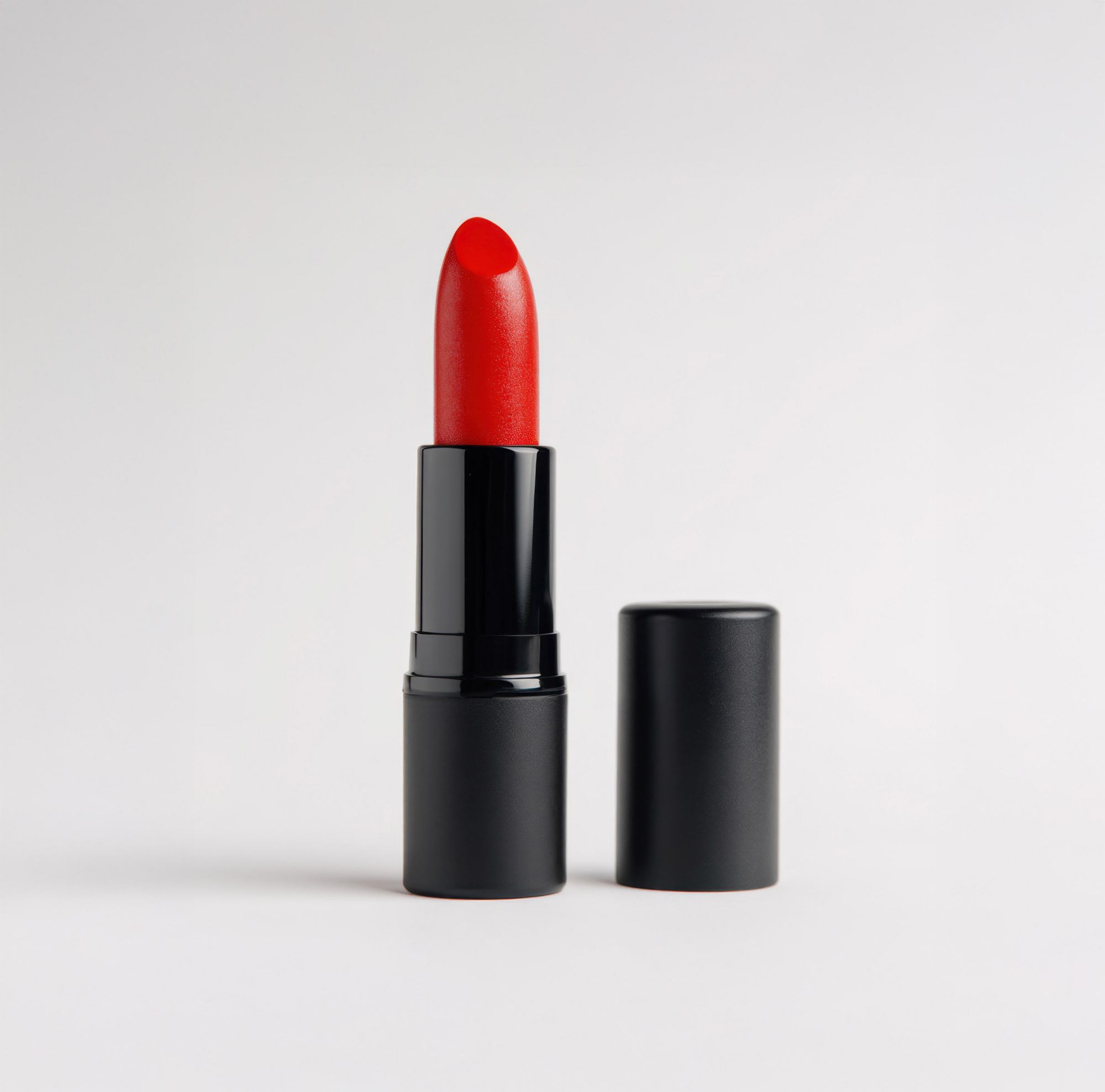 Bright red lipstick in glossy black packaging. 