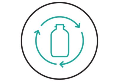 Icon of a bottle inside a circle formed by three arrows. 