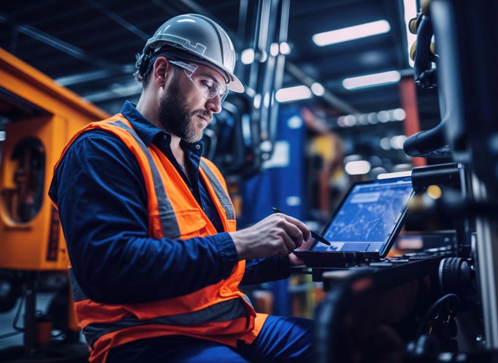 An employee in personal protective equipment reviews regulatory policies while working in the plant.  