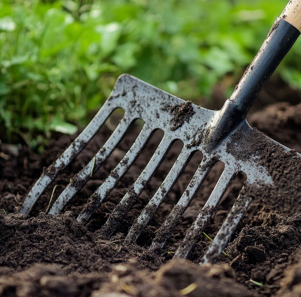 A garden tool is seen in soil.  