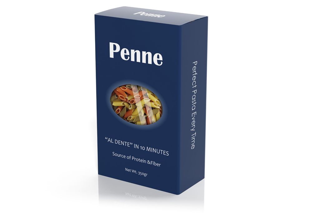 Blue-branded pasta boxes containing penne, tagliatelle, and spaghetti. 