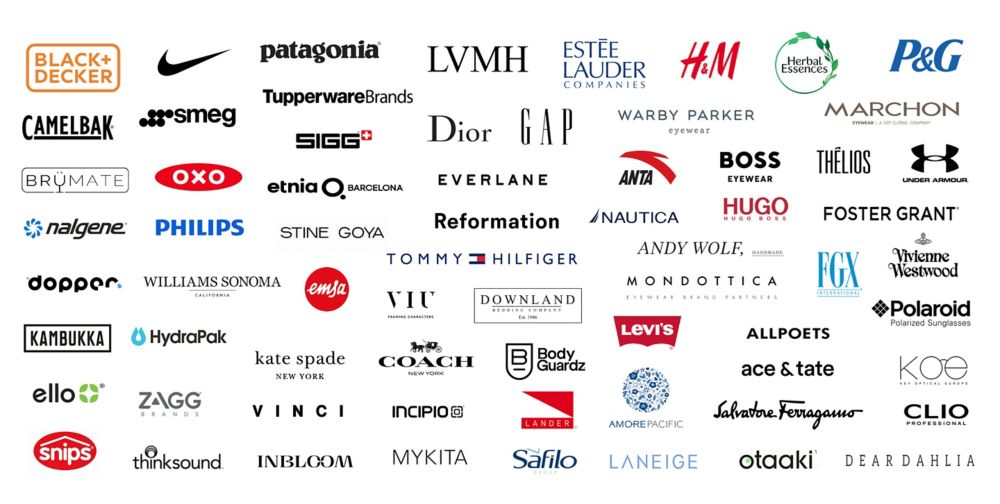 About sixty Eastman partners’ logos, including Black and Decker, Nike, Patagonia, and Proctor and Gamble. 