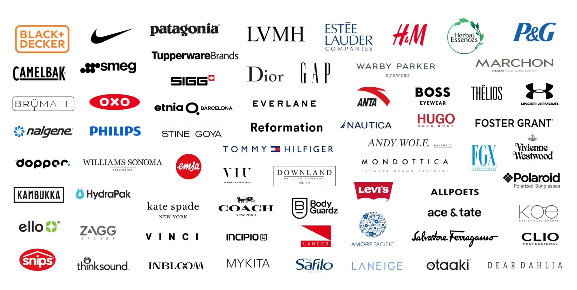 About sixty Eastman partners’ logos, including Black and Decker, Nike, Patagonia, and Proctor and Gamble 