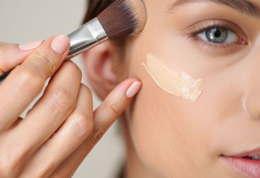 Liquid makeup is applied to a person’s cheek.   