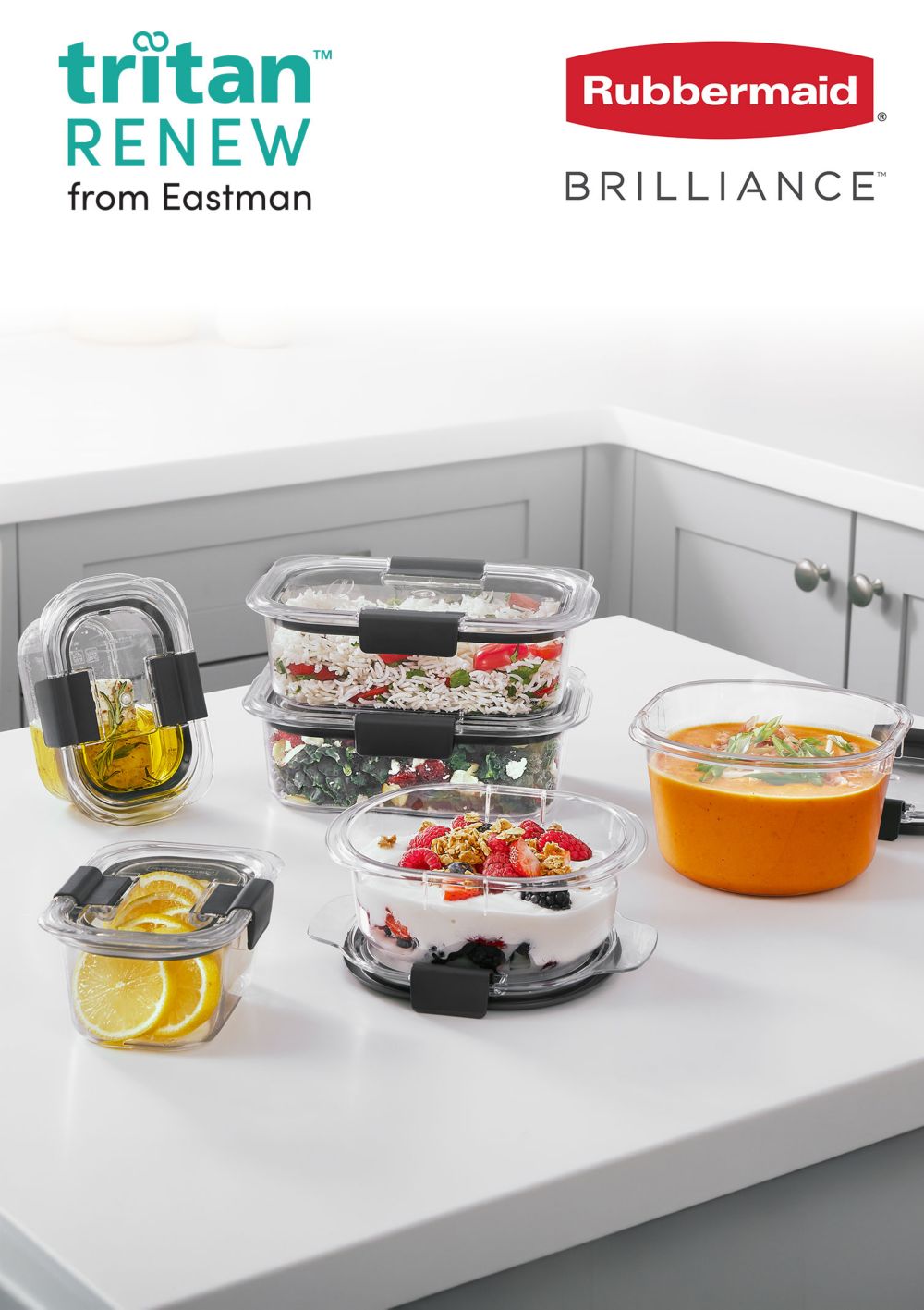 Six food storage containers with the Rubbermaid Brilliance and Tritan Renew logos. 
