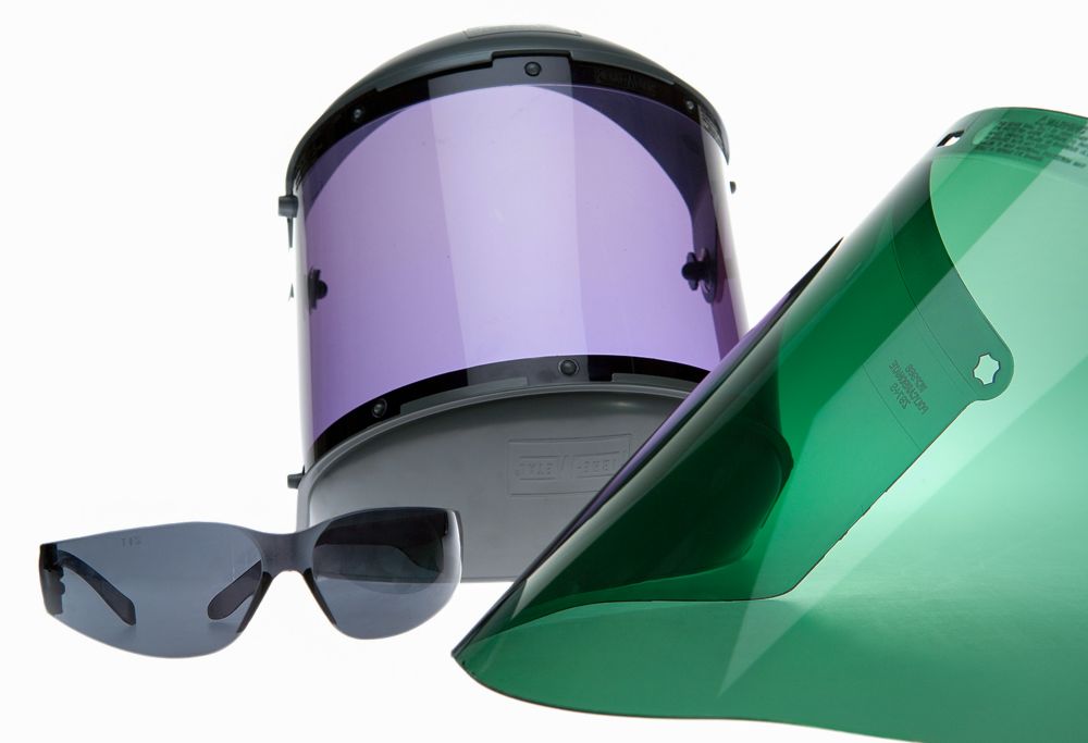 A collage of three product images: safety glasses, face shield and plastic sheet. 