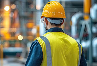 An employee wearing personal protective equipment in an industrial plant.  