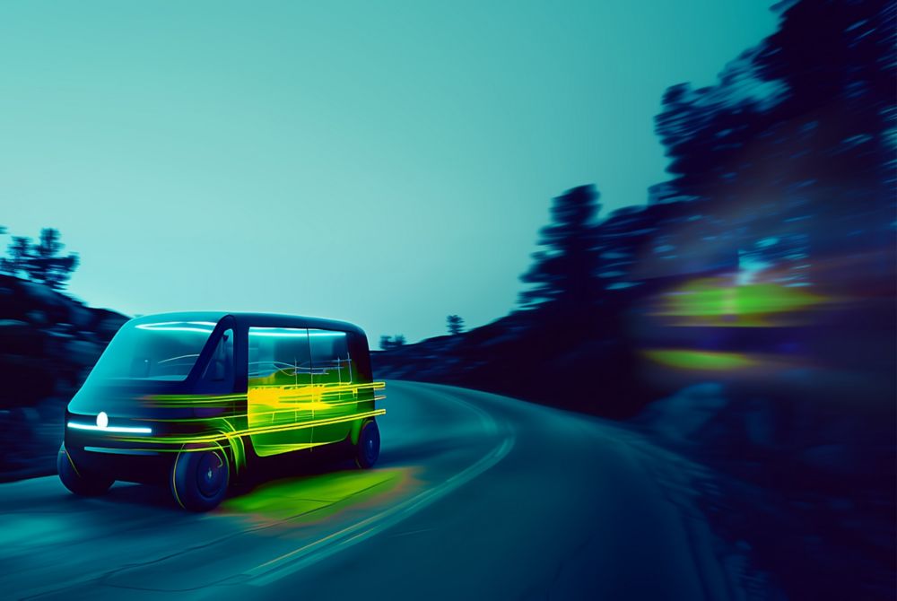 An electric vehicle drives around the curve of a mountain road.  