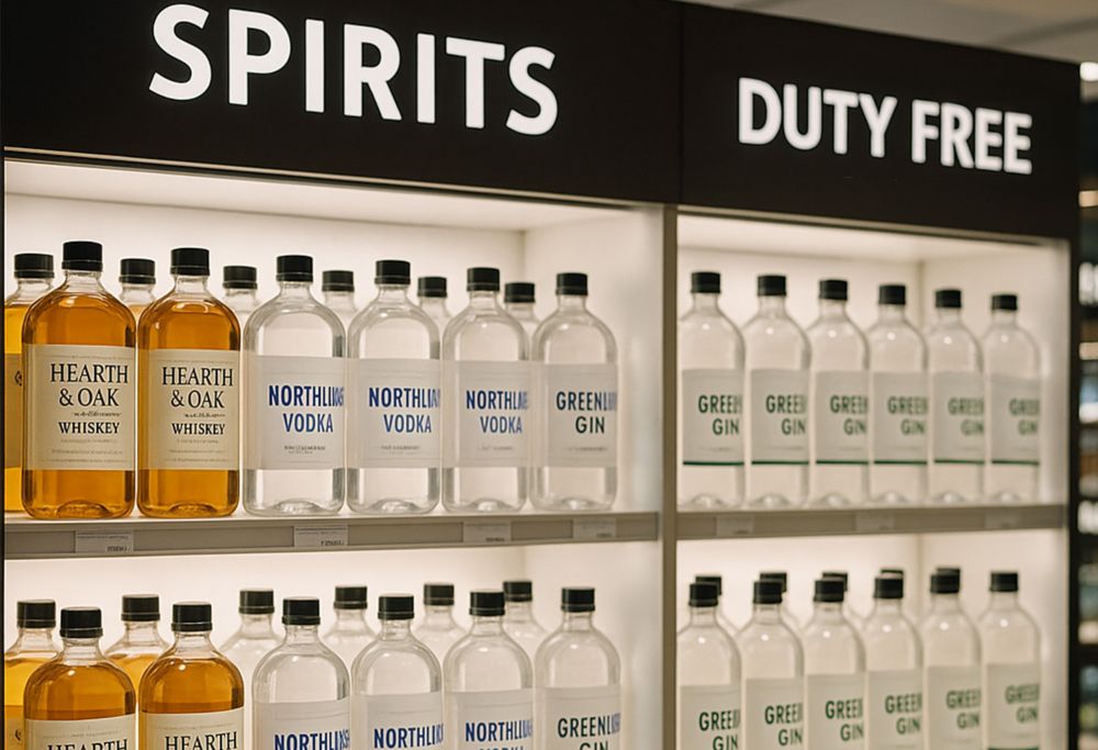 Shelves filled with liquor in clear bottles.   