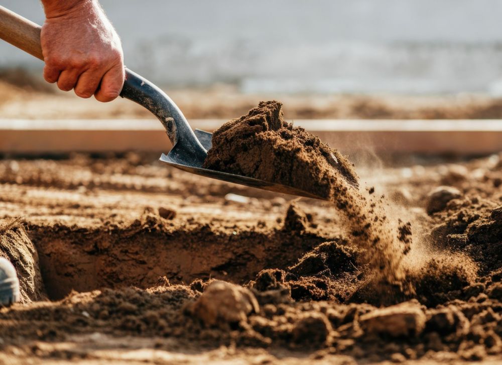 A person shovels dirt.  