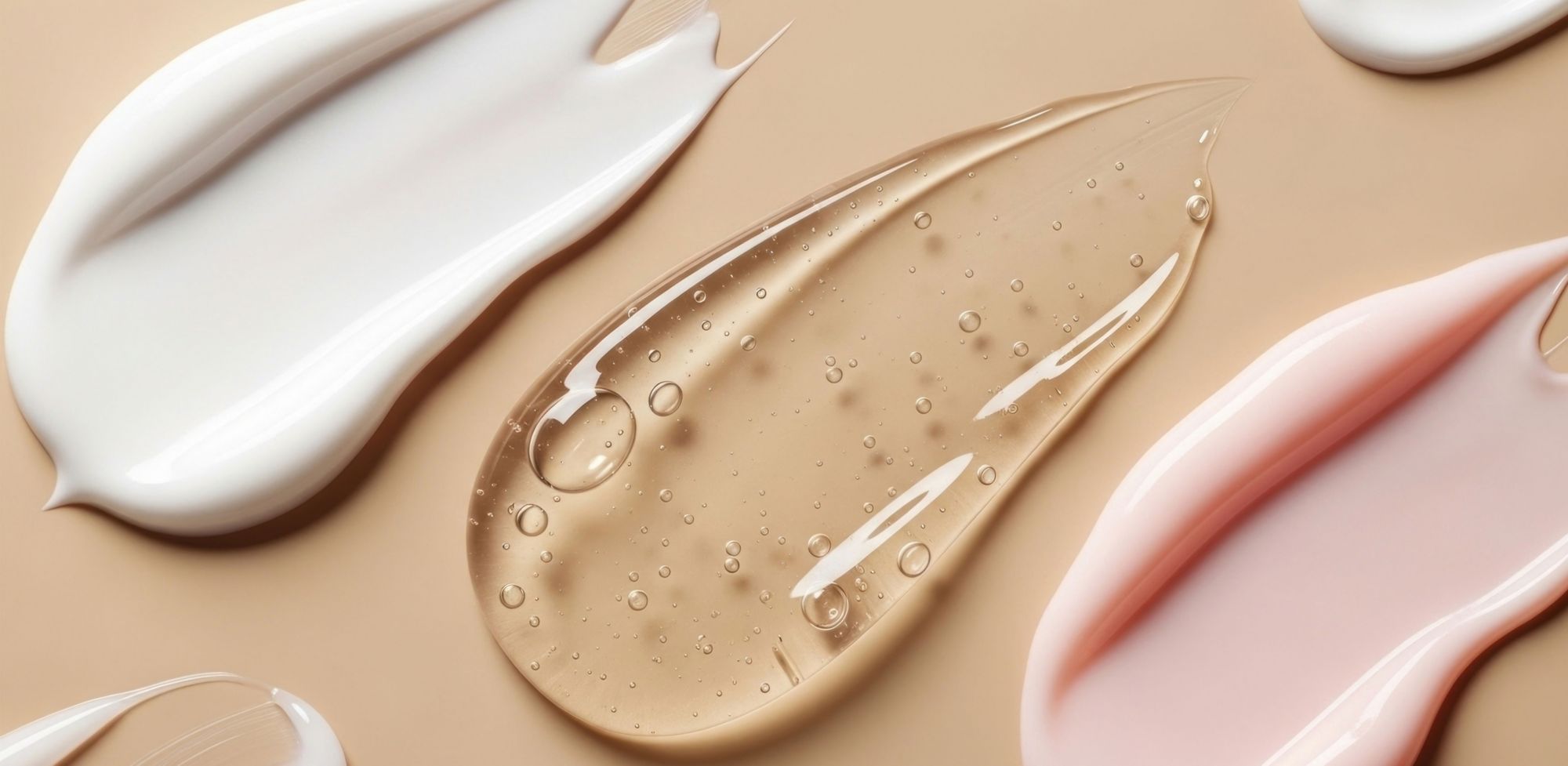 Swatches of skin care textures: cream, gel with bubbles, and lotion. 
