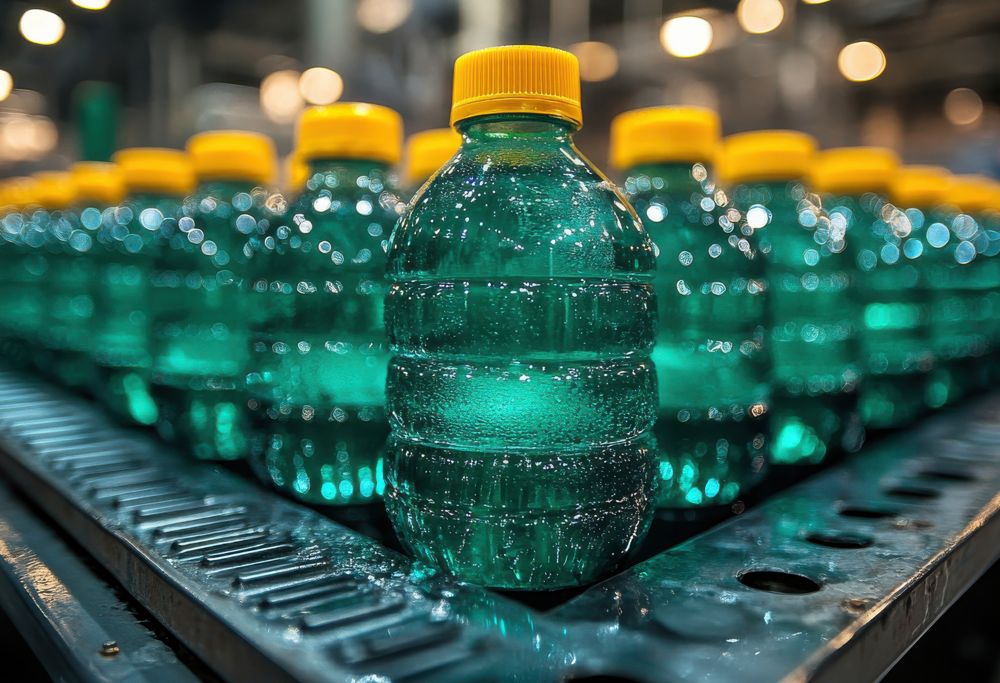 A production line of plastic bottles filled with green soda. 