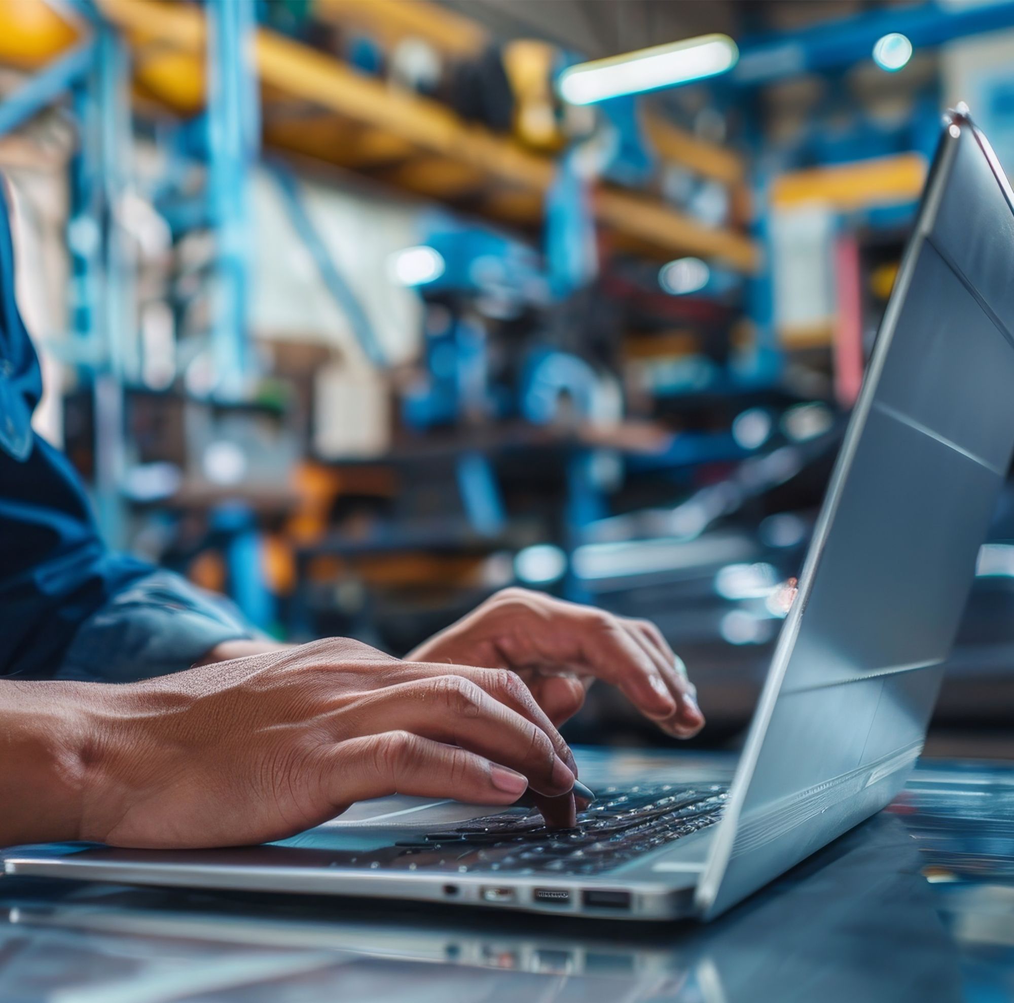 Employee hands are seen typing on a laptop in an industrial manufacturing plant. 