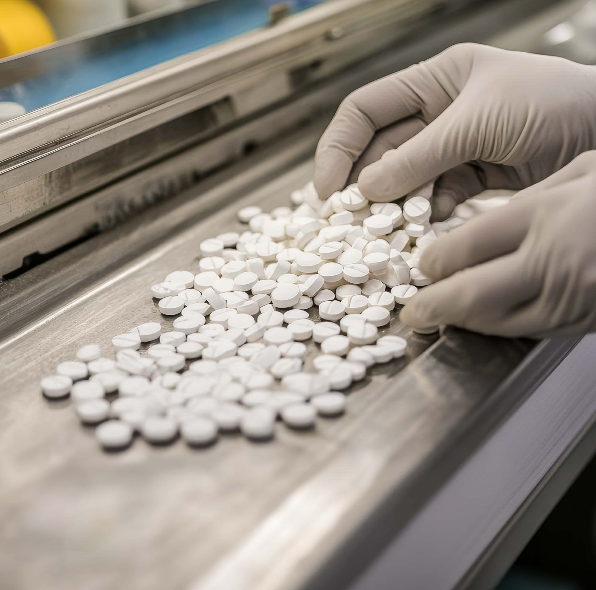 White pills are sorted by gloved hands on a table.  